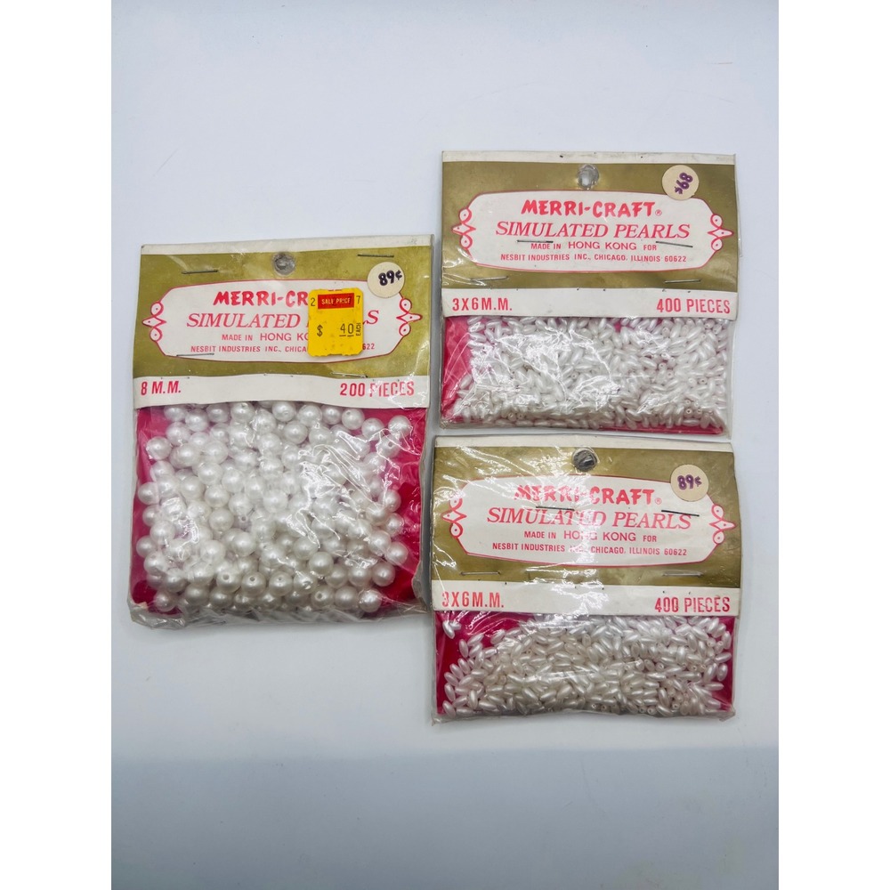 Vintage Merri-Craft Simulated Pearls Lot 8mm + 3x6mm Made In Hong Kong Crafting